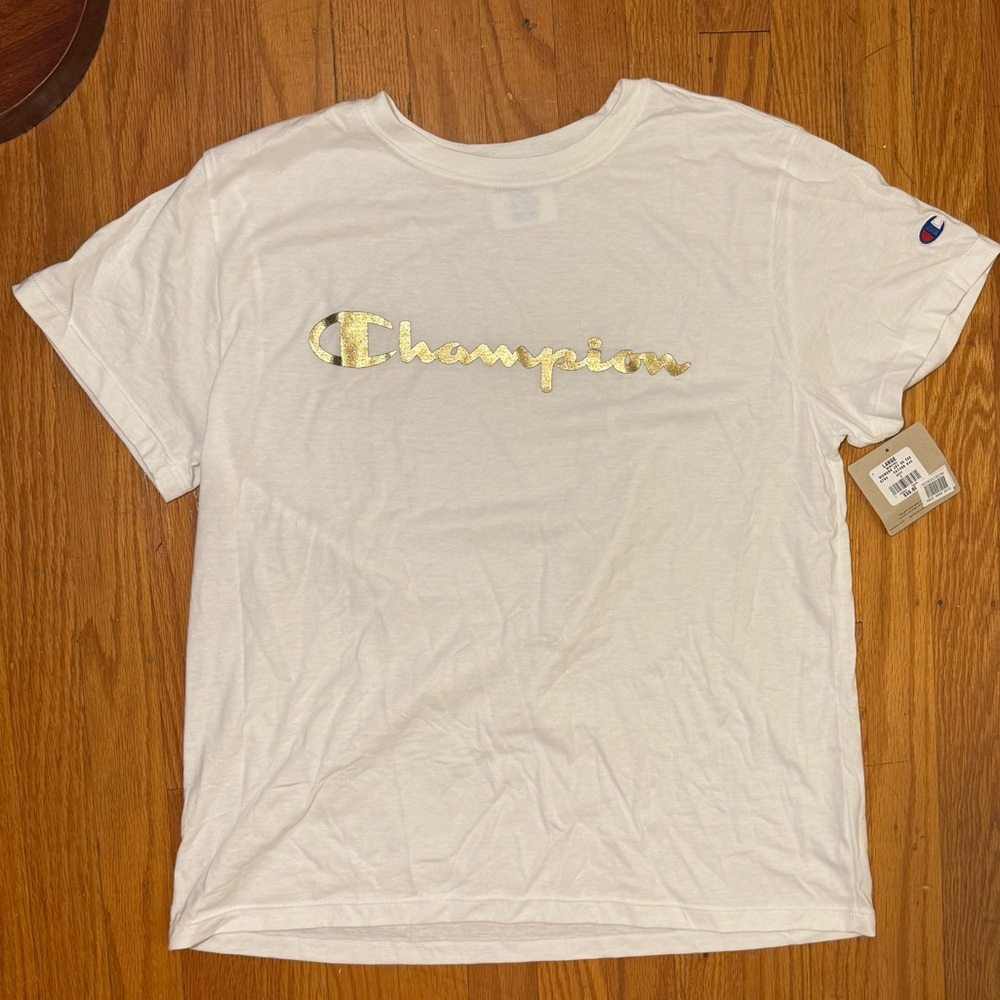 Champion White Tee with Gold Accent